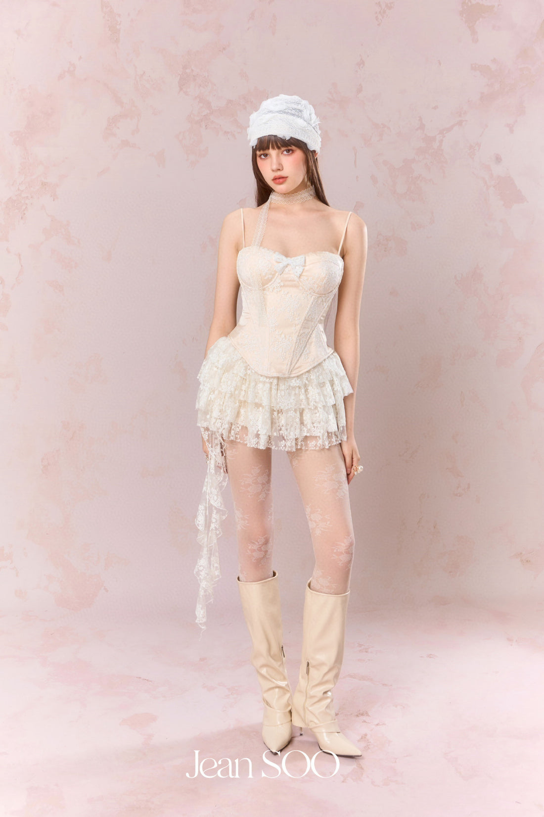 Jean Soo Embroidered lace contrasting patchwork corset + skirt set