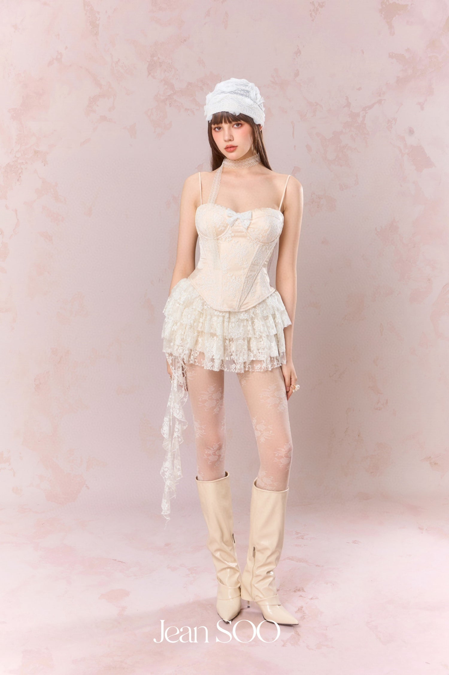Jean Soo Embroidered lace contrasting patchwork corset + skirt set
