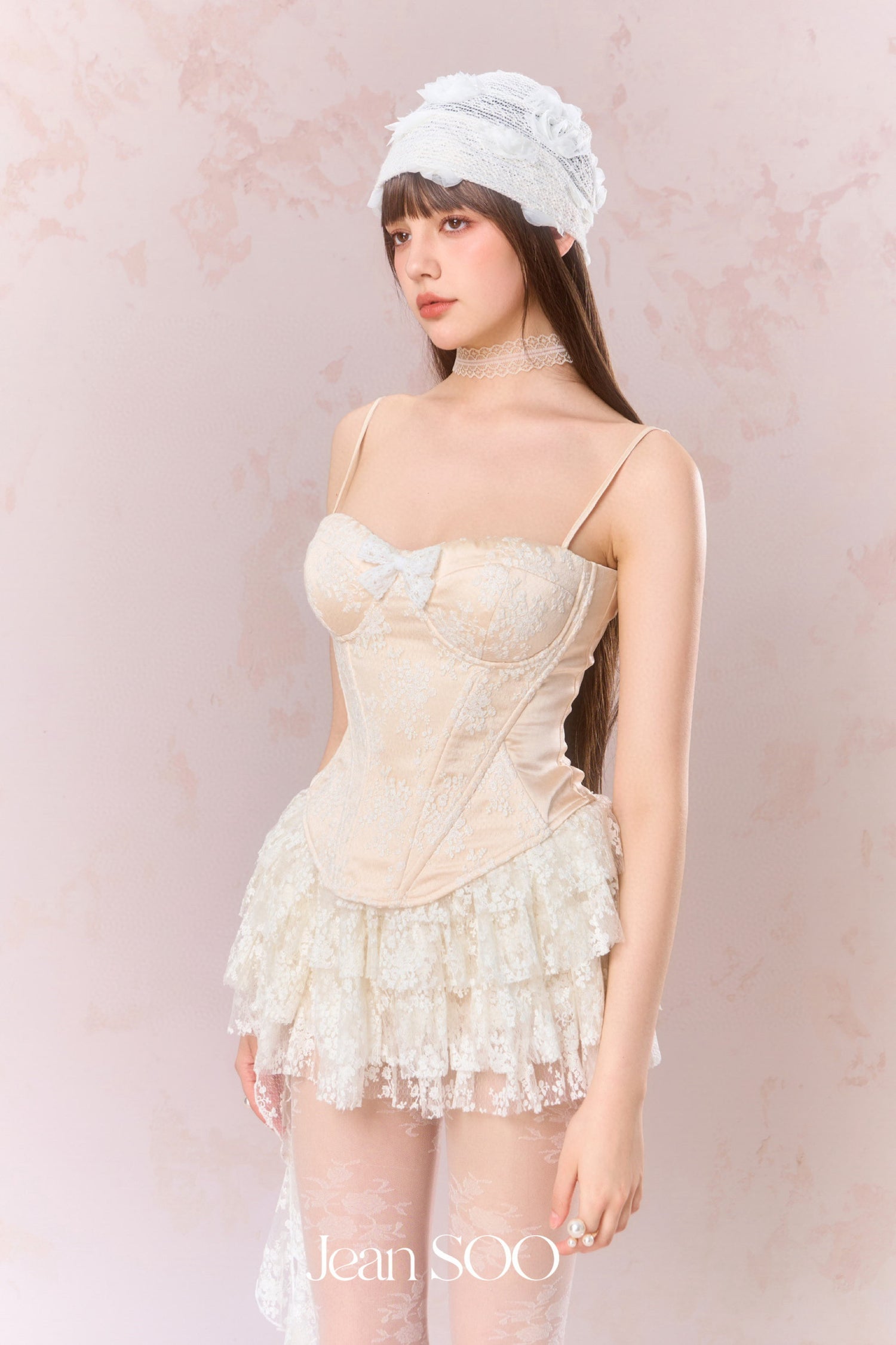Jean Soo Embroidered lace contrasting patchwork corset + skirt set
