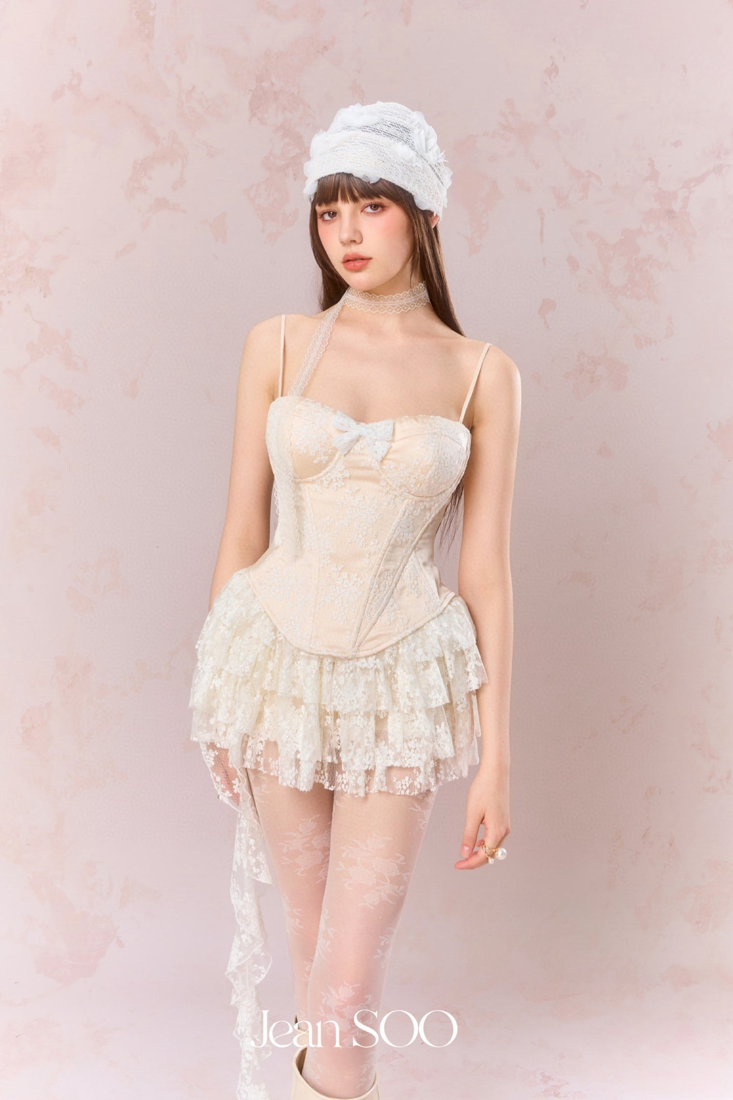 Jean Soo Embroidered lace contrasting patchwork corset + skirt set