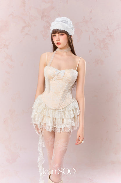 Jean Soo Embroidered lace contrasting patchwork corset + skirt set