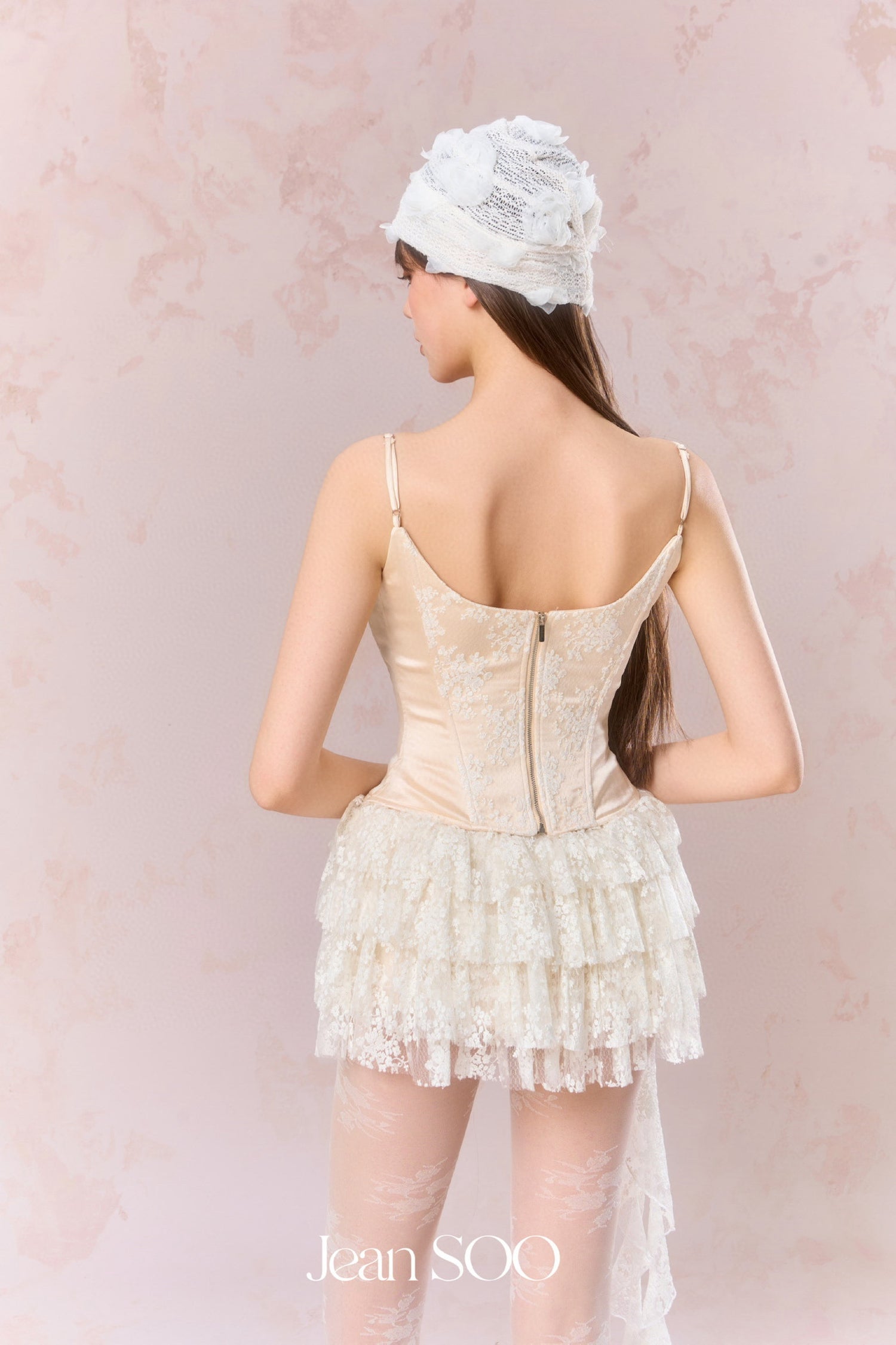 Jean Soo Embroidered lace contrasting patchwork corset + skirt set
