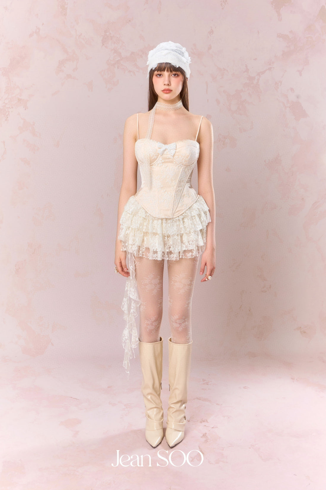Jean Soo Embroidered lace contrasting patchwork corset + skirt set