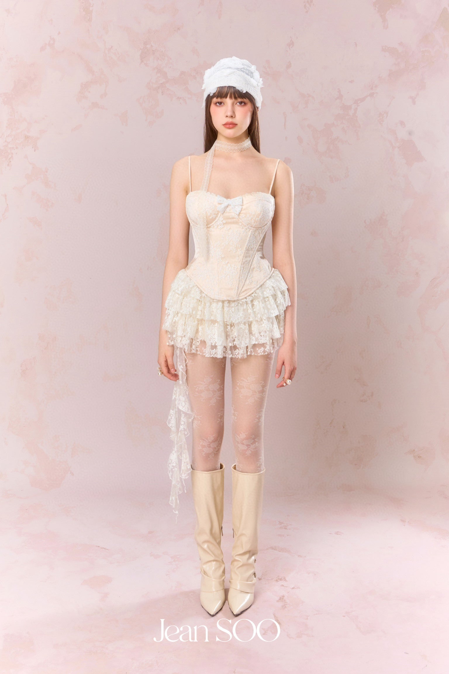 Jean Soo Embroidered lace contrasting patchwork corset + skirt set