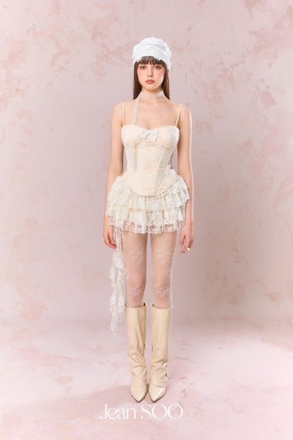 Jean Soo Embroidered lace contrasting patchwork corset + skirt set