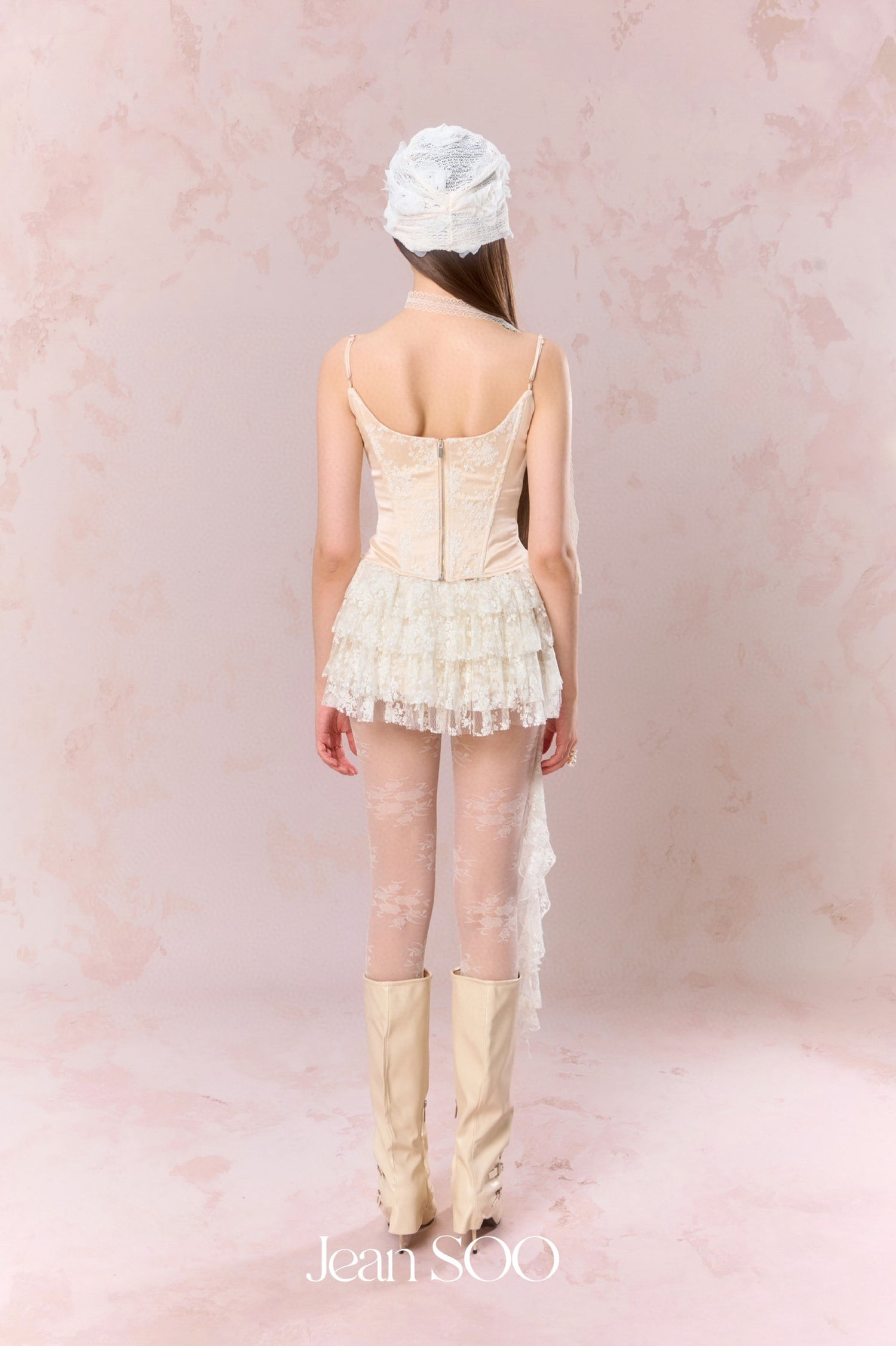 Jean Soo Embroidered lace contrasting patchwork corset + skirt set