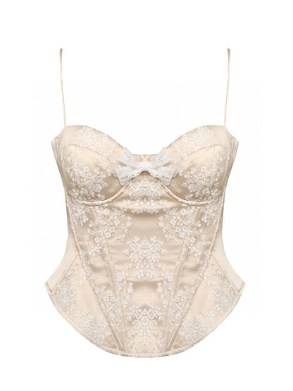 Jean Soo Embroidered lace contrasting patchwork corset + skirt set