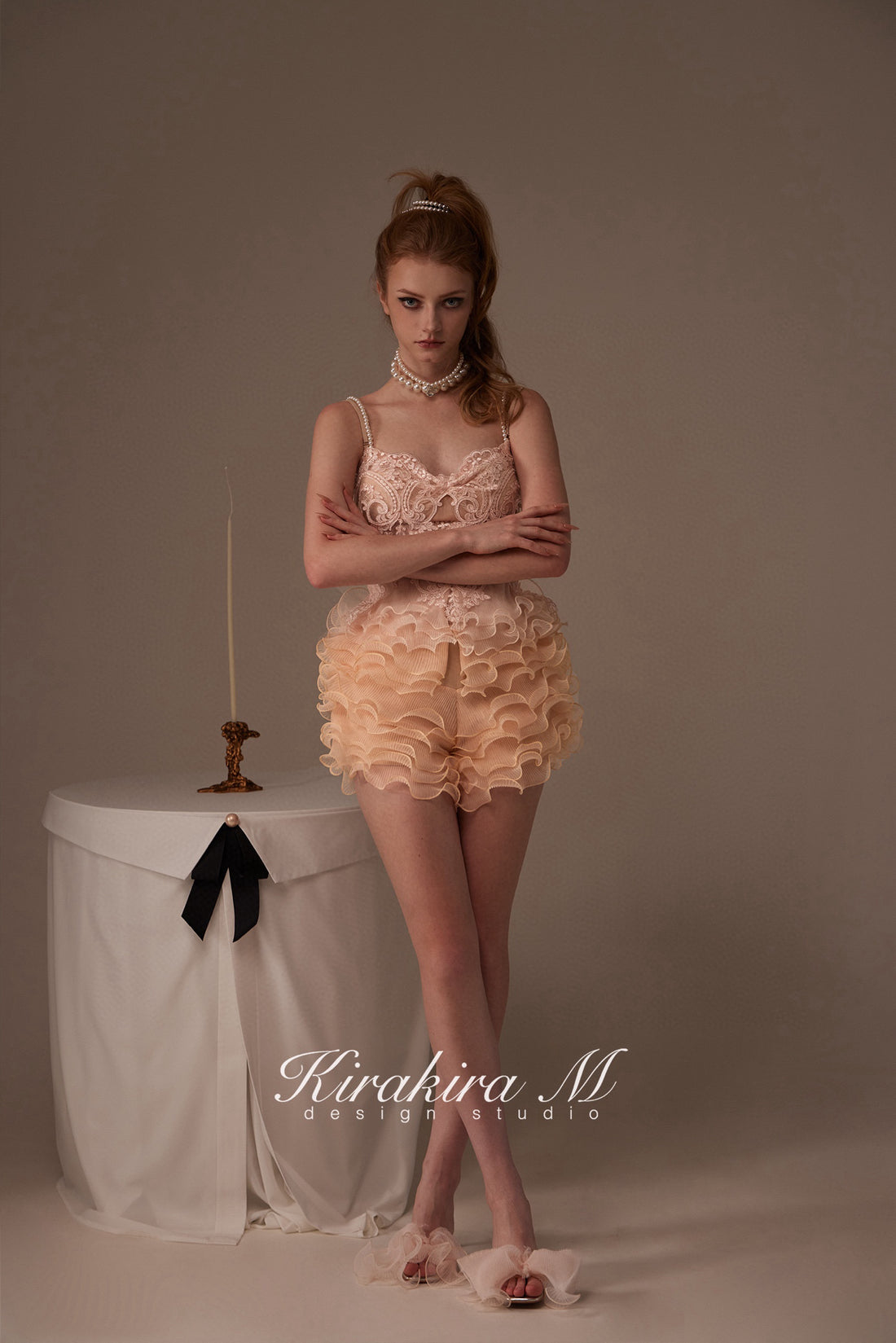 Kirakira.M Orange-pink Multi-layer lace top + pants set
