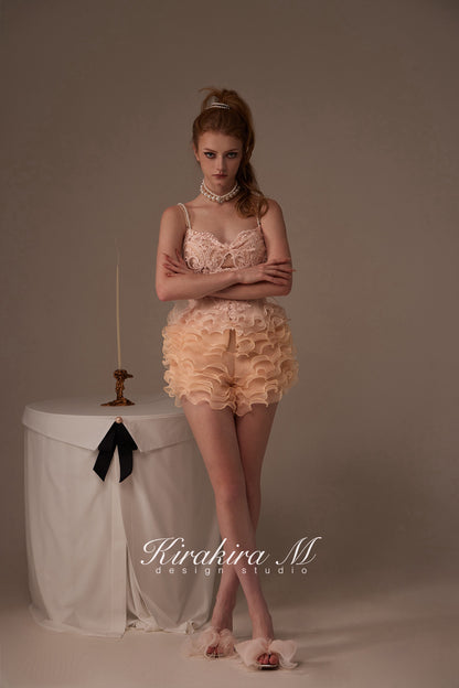 Kirakira.M Orange-pink Multi-layer lace top + pants set