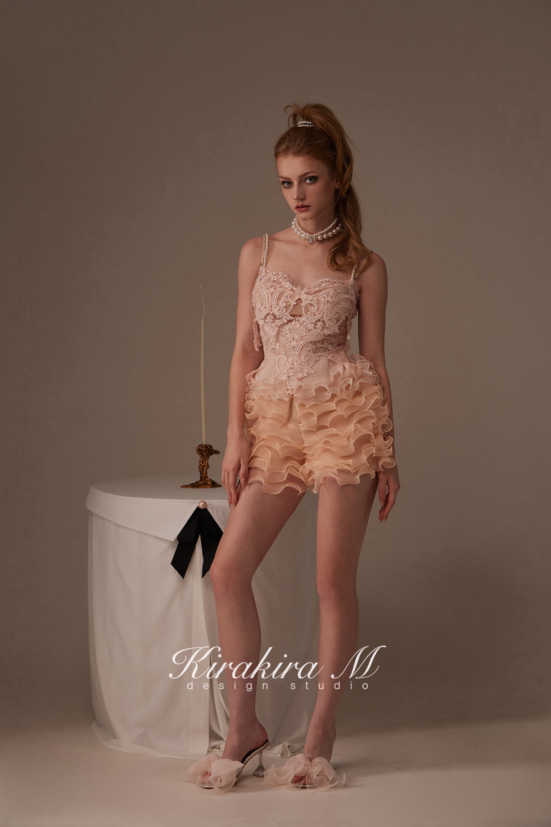 Kirakira.M Orange-pink Multi-layer lace top + pants set