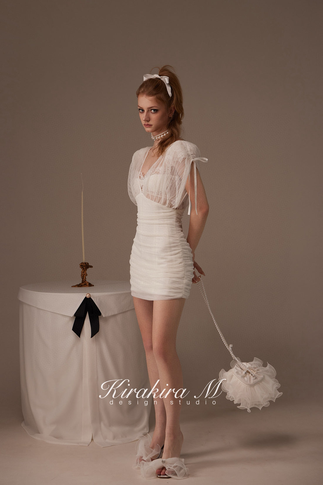 Kirakira.M White 2-picec set of deep v coller dress +lace bra set