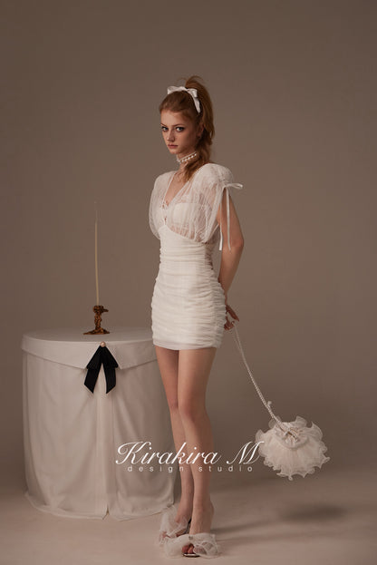 Kirakira.M White 2-picec set of deep v coller dress +lace bra set