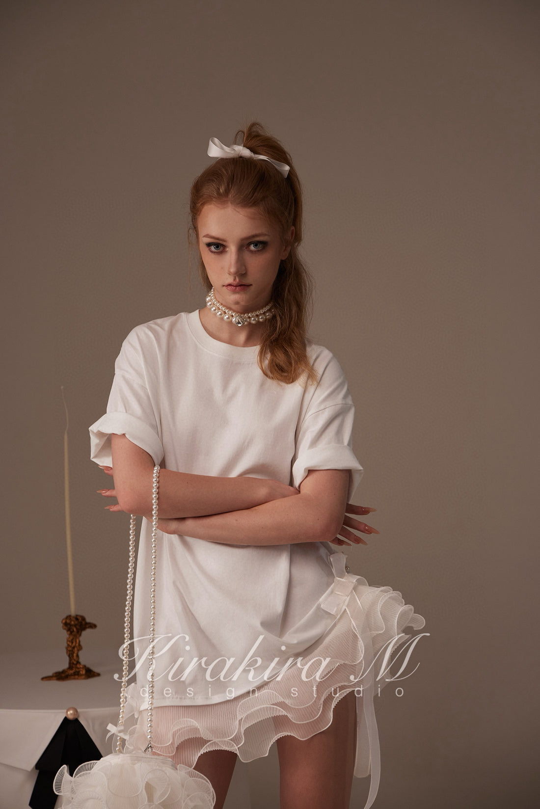 Kirakira.M White bow loose T-shirt (Multi ways to wear)