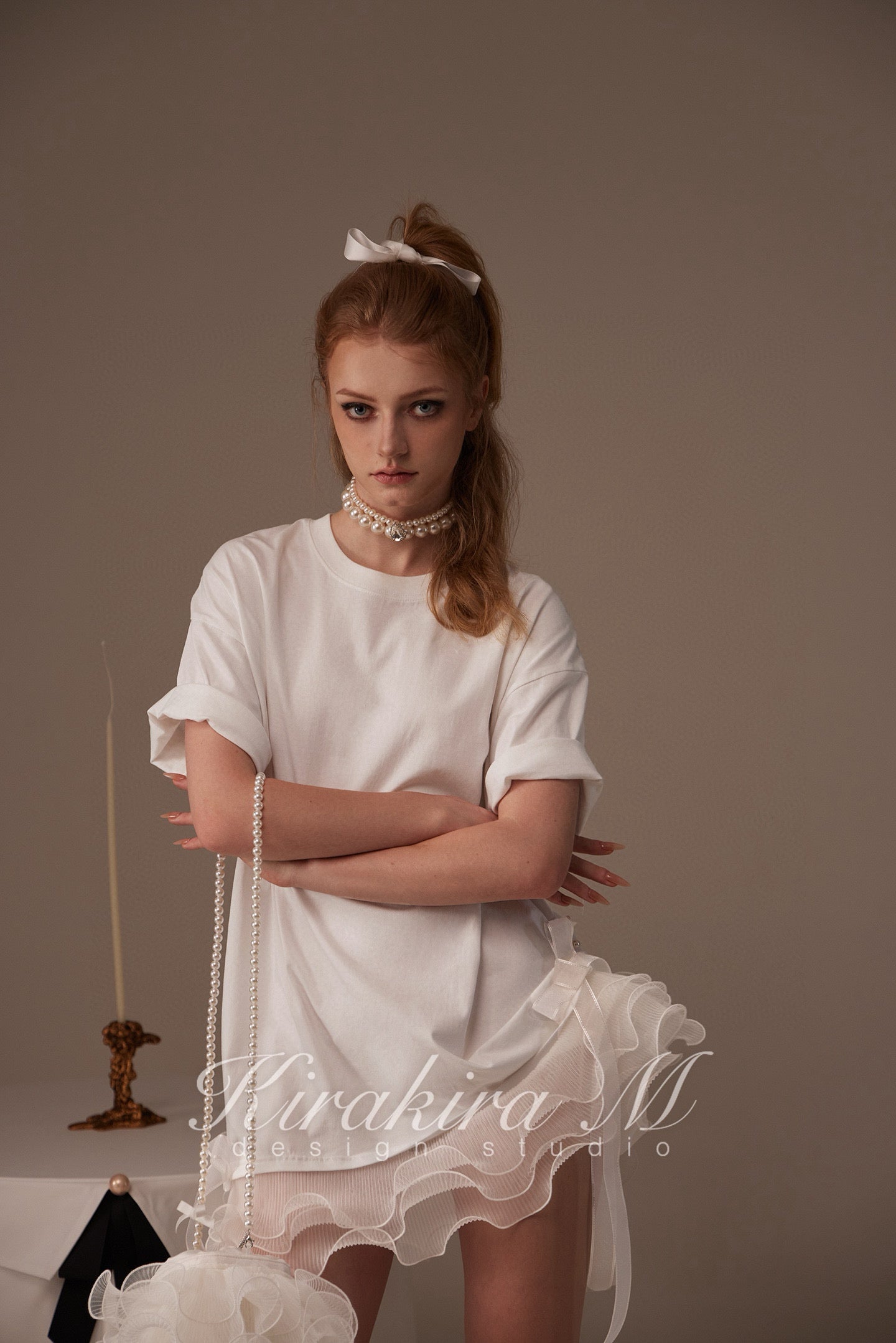 Kirakira.M White bow loose T-shirt (Multi ways to wear)