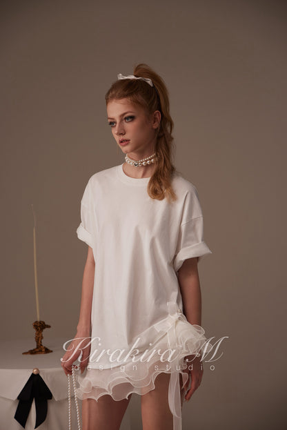 Kirakira.M White bow loose T-shirt (Multi ways to wear)