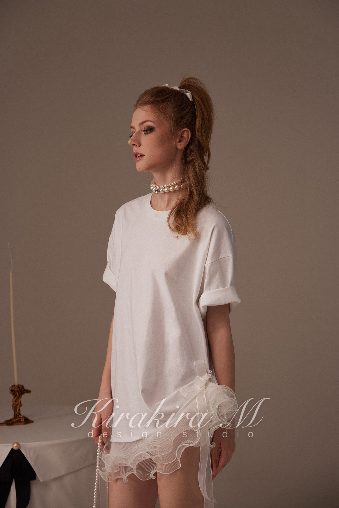 Kirakira.M White bow loose T-shirt (Multi ways to wear)