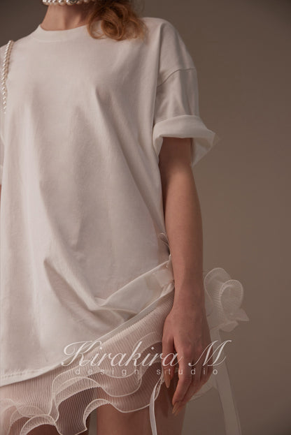 Kirakira.M White bow loose T-shirt (Multi ways to wear)