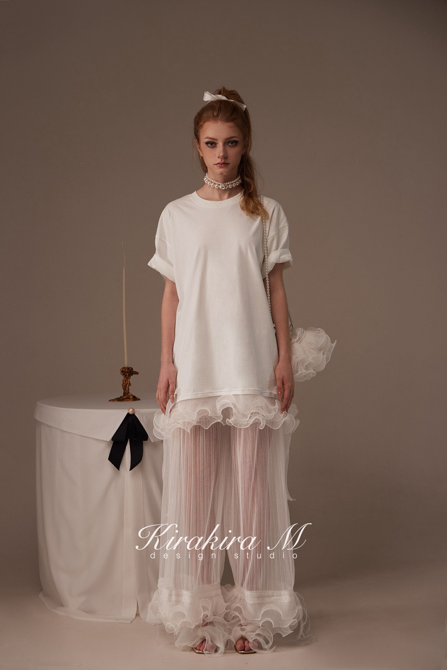 Kirakira.M White semi-transparent pleated lace trousers(2 ways to wear)