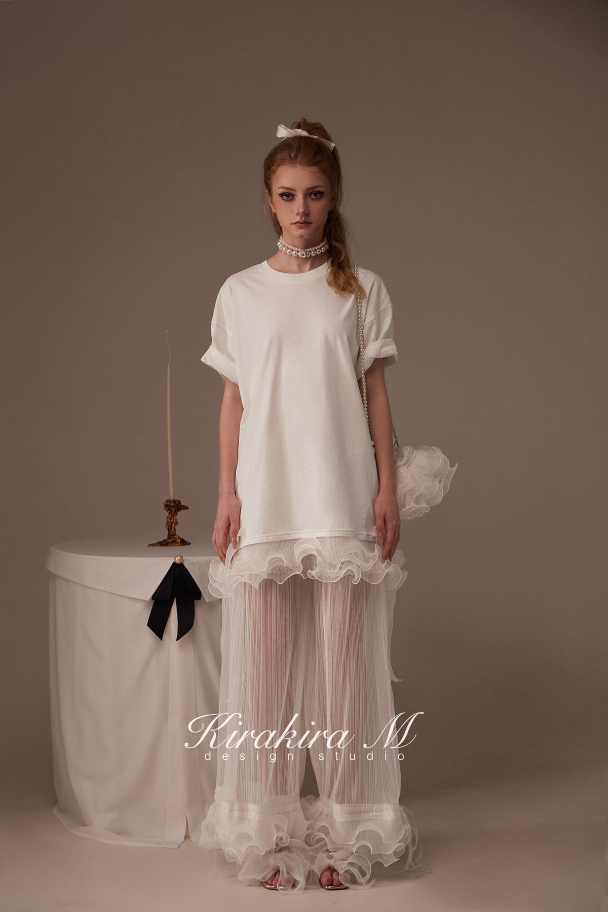 Kirakira.M White semi-transparent pleated lace trousers(2 ways to wear)