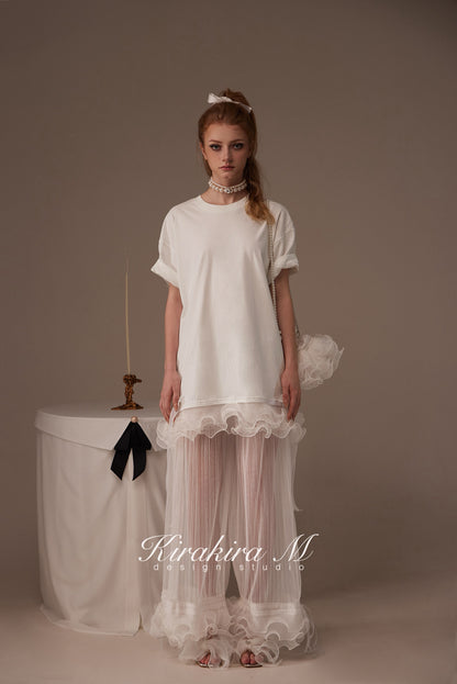 Kirakira.M White semi-transparent pleated lace trousers(2 ways to wear)