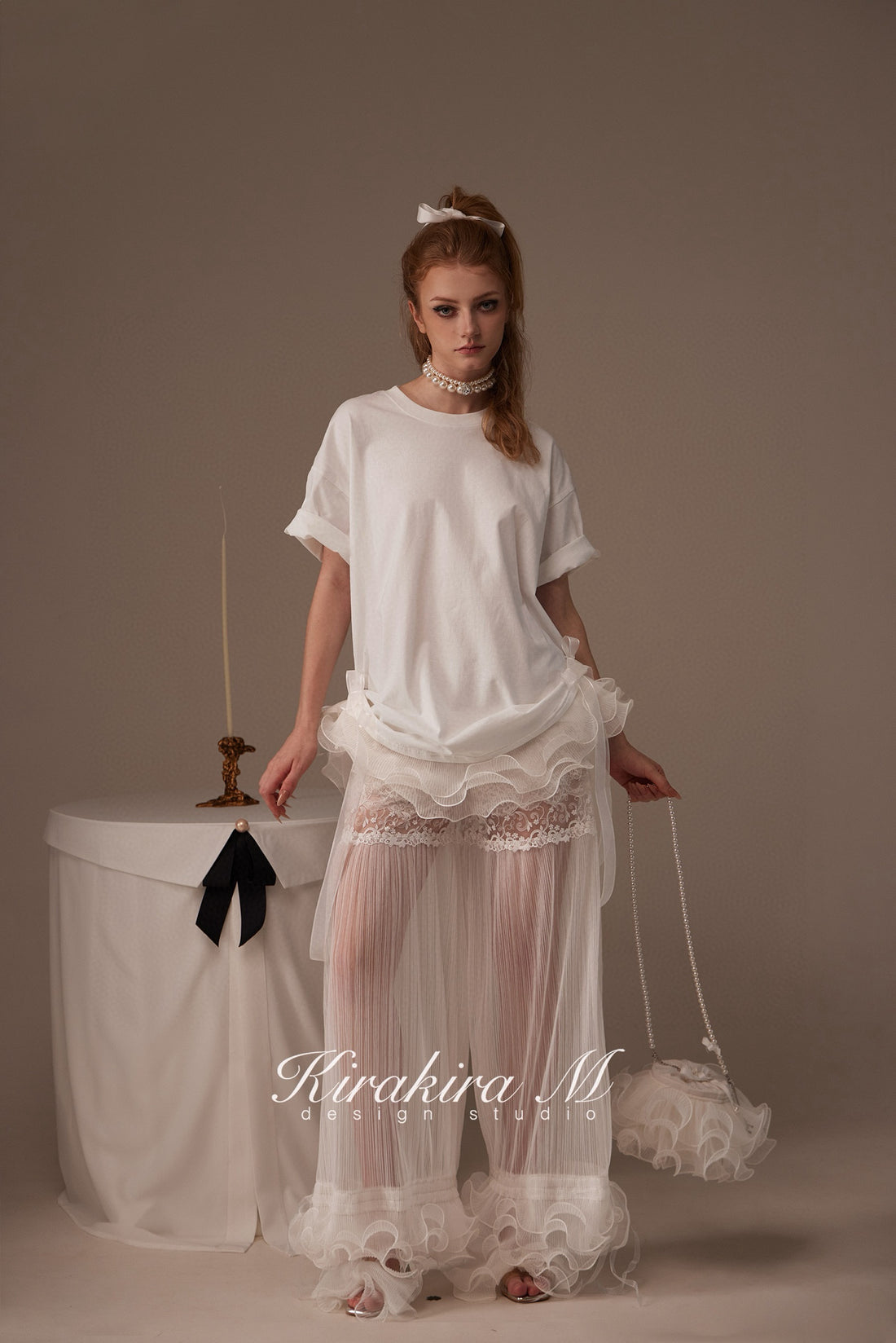 Kirakira.M White bow loose T-shirt (Multi ways to wear)