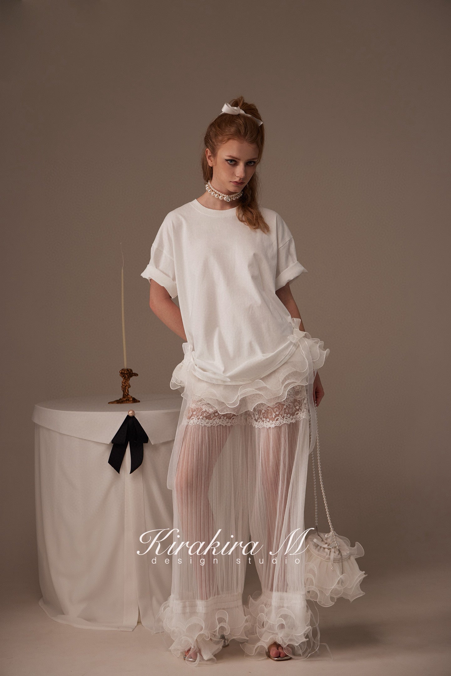 Kirakira.M White semi-transparent pleated lace trousers(2 ways to wear)