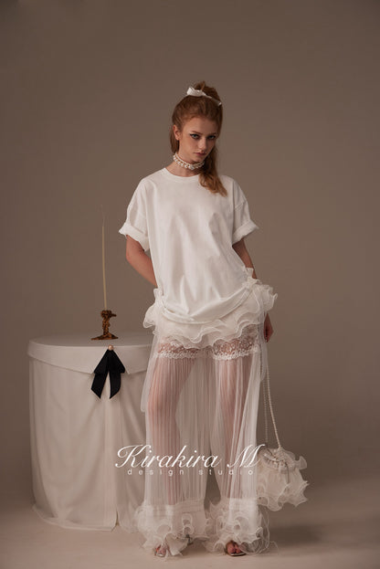 Kirakira.M White semi-transparent pleated lace trousers(2 ways to wear)