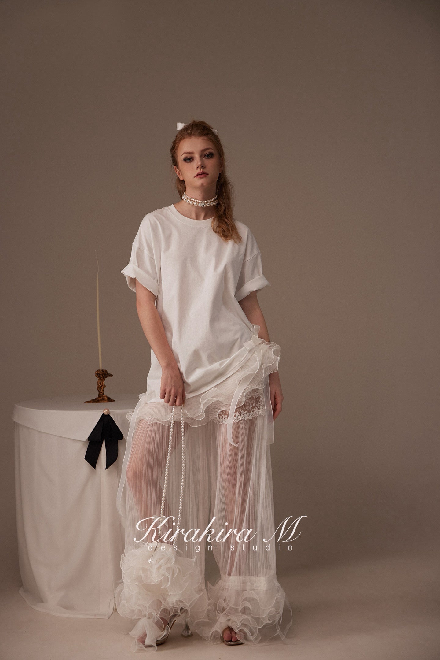 Kirakira.M White bow loose T-shirt (Multi ways to wear)