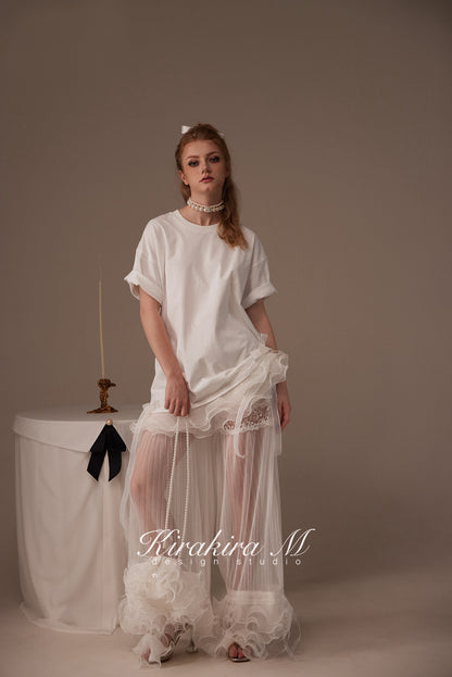 Kirakira.M White bow loose T-shirt (Multi ways to wear)