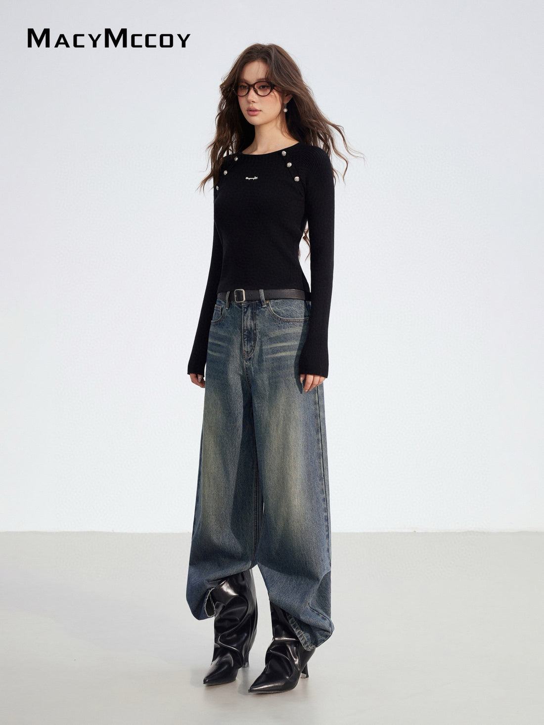 MacyMccoy MMC2025193 Fake two-piece spliced knitted base top