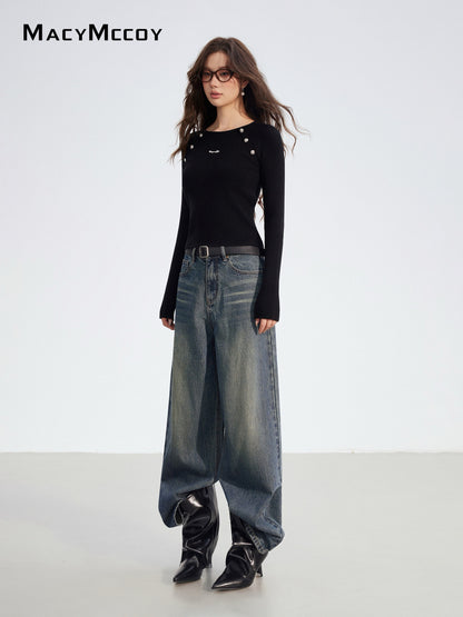 MacyMccoy MMC2025193 Fake two-piece spliced knitted base top