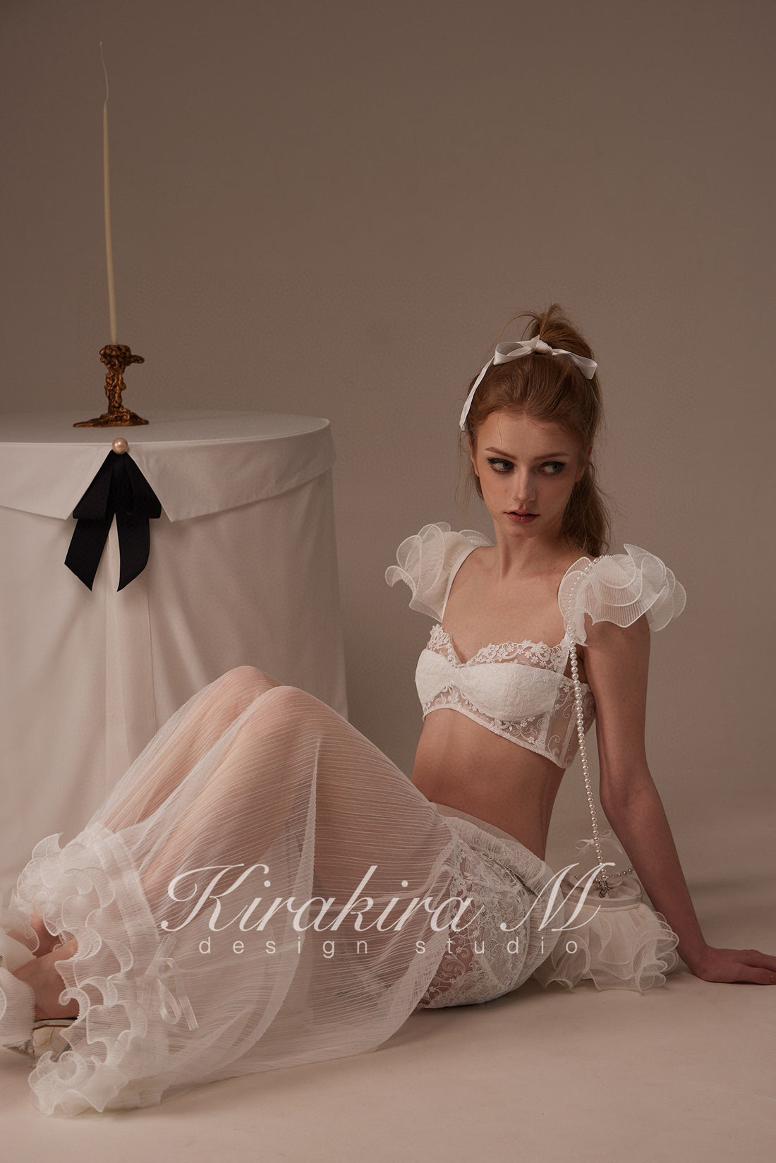 Kirakira.M White semi-transparent pleated lace trousers(2 ways to wear)