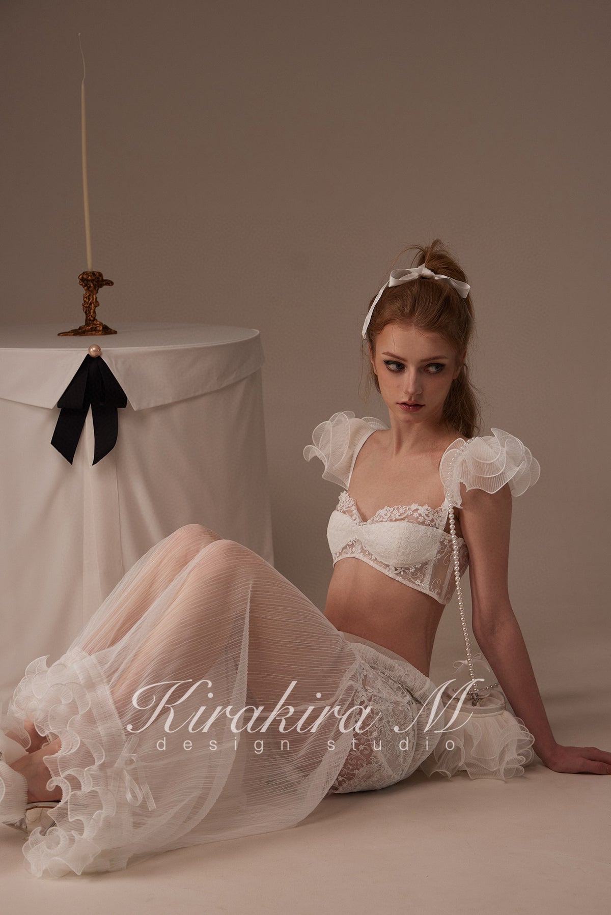Kirakira.M White semi-transparent pleated lace trousers(2 ways to wear)