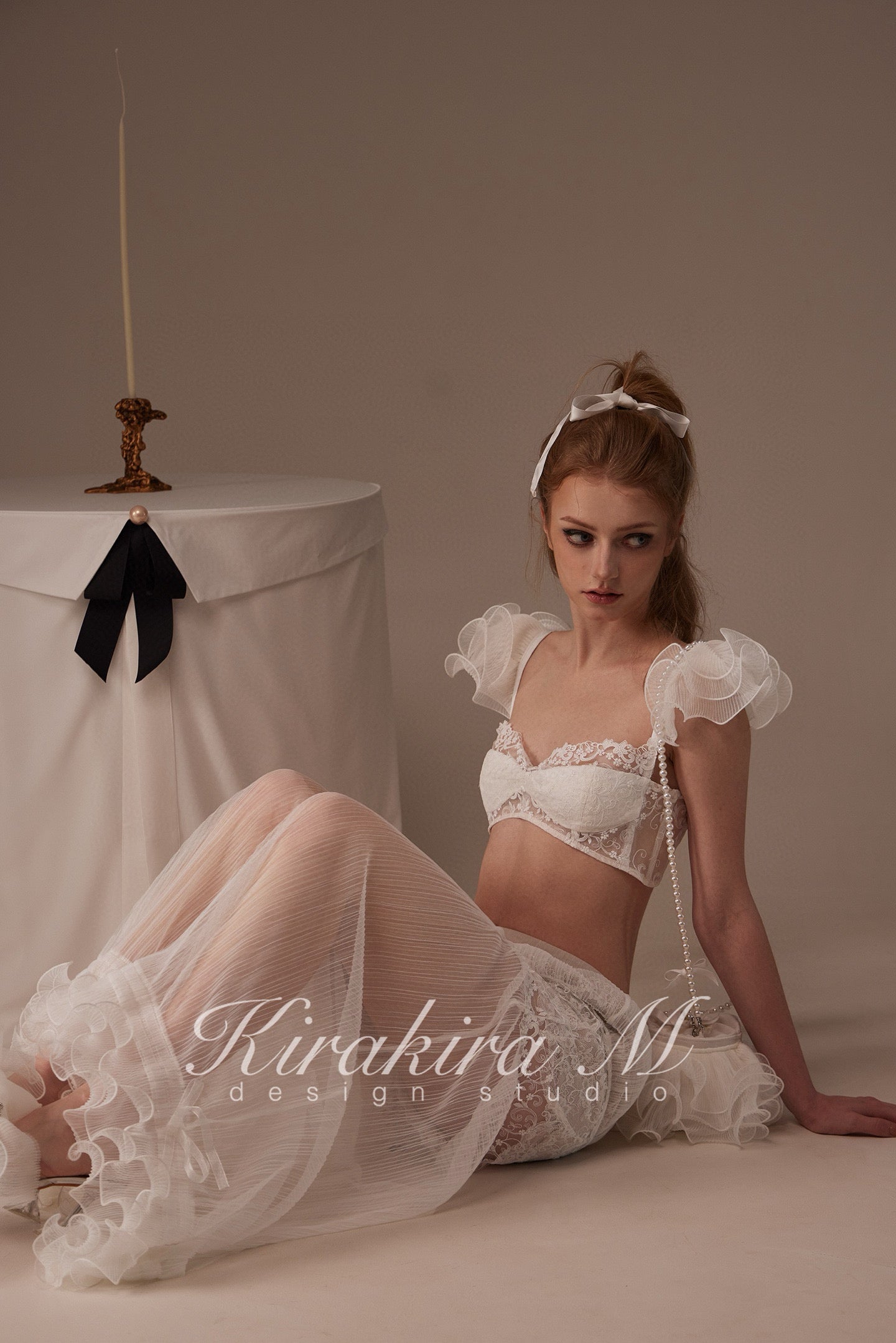 Kirakira.M White semi-transparent pleated lace trousers(2 ways to wear)
