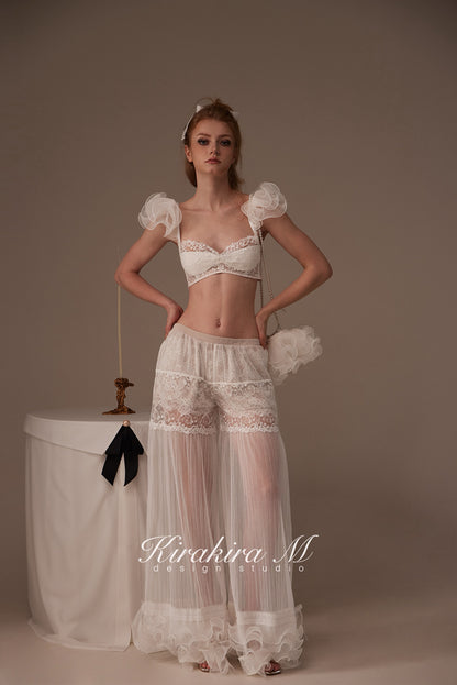 Kirakira.M White semi-transparent pleated lace trousers(2 ways to wear)