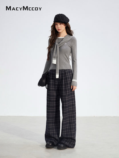 MacyMccoy MMC2025194 Plucked plaid wide leg pants