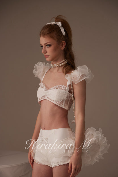 Kirakira.M White Multi-layer lace pants