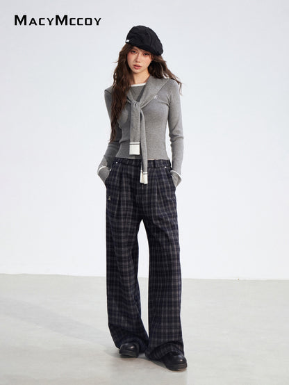 MacyMccoy MMC2025194 Plucked plaid wide leg pants