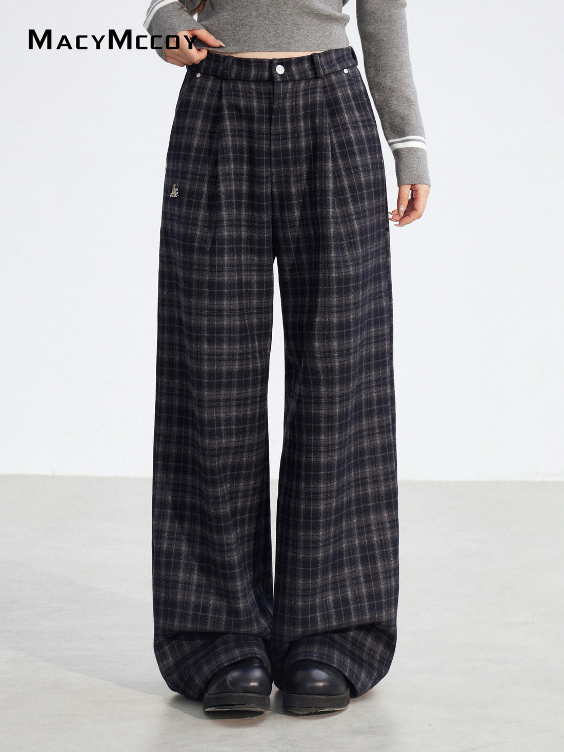 MacyMccoy MMC2025194 Plucked plaid wide leg pants