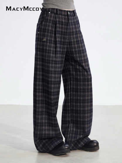 MacyMccoy MMC2025194 Plucked plaid wide leg pants
