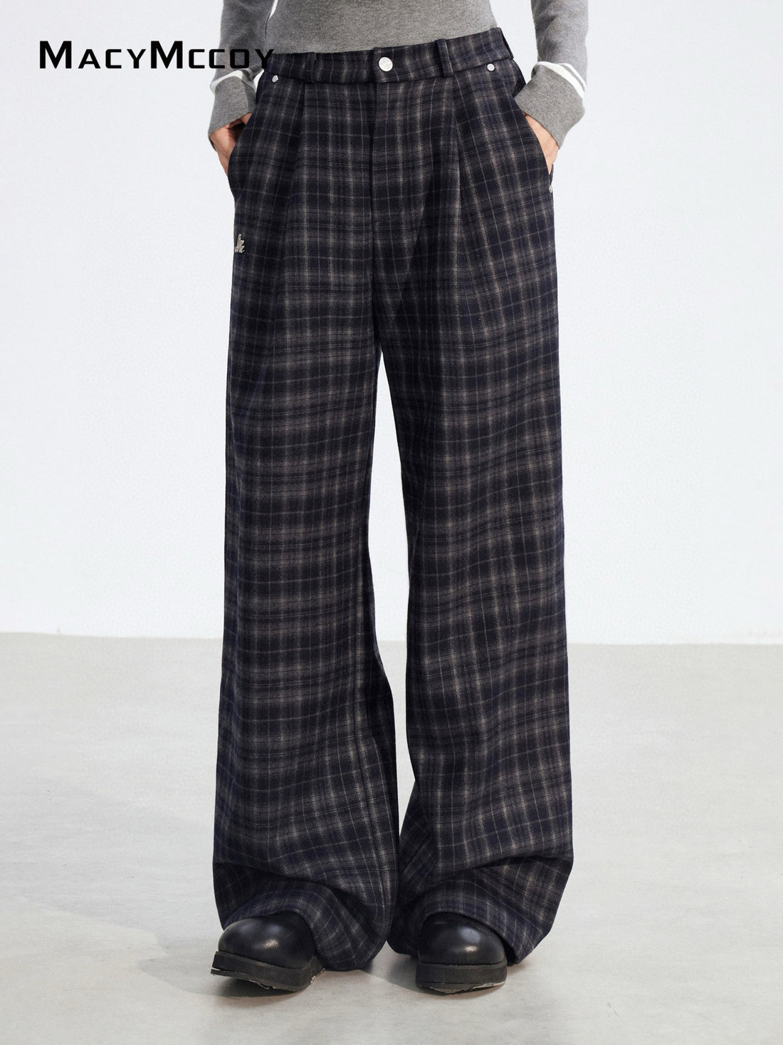 MacyMccoy MMC2025194 Plucked plaid wide leg pants