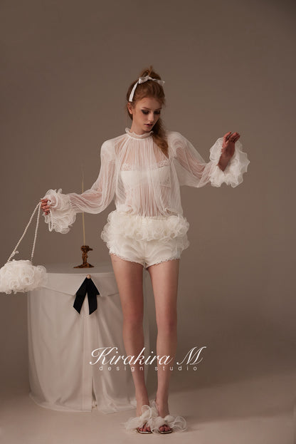 Kirakira.M White semi-transparent pleated lace top(2ways to wear)