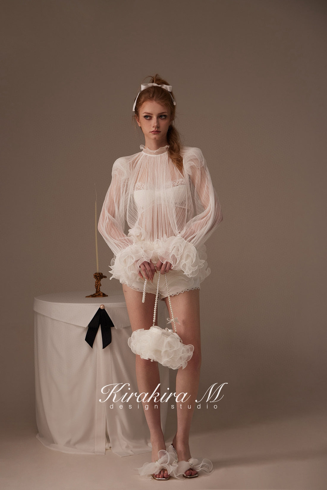 Kirakira.M White semi-transparent pleated lace top(2ways to wear)