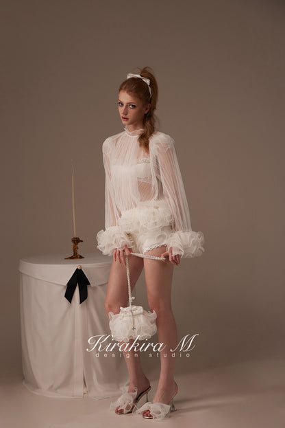 Kirakira.M White semi-transparent pleated lace top(2ways to wear)