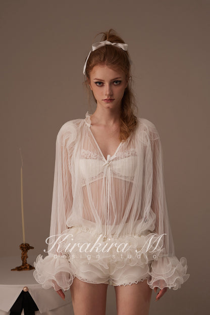 Kirakira.M White semi-transparent pleated lace top(2ways to wear)