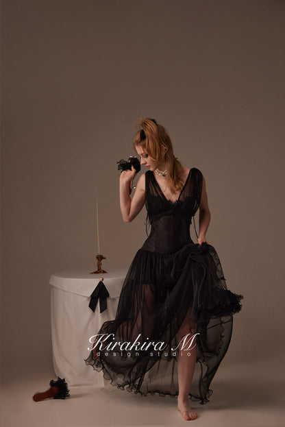 Kirakira.M Black deep v collar long dress