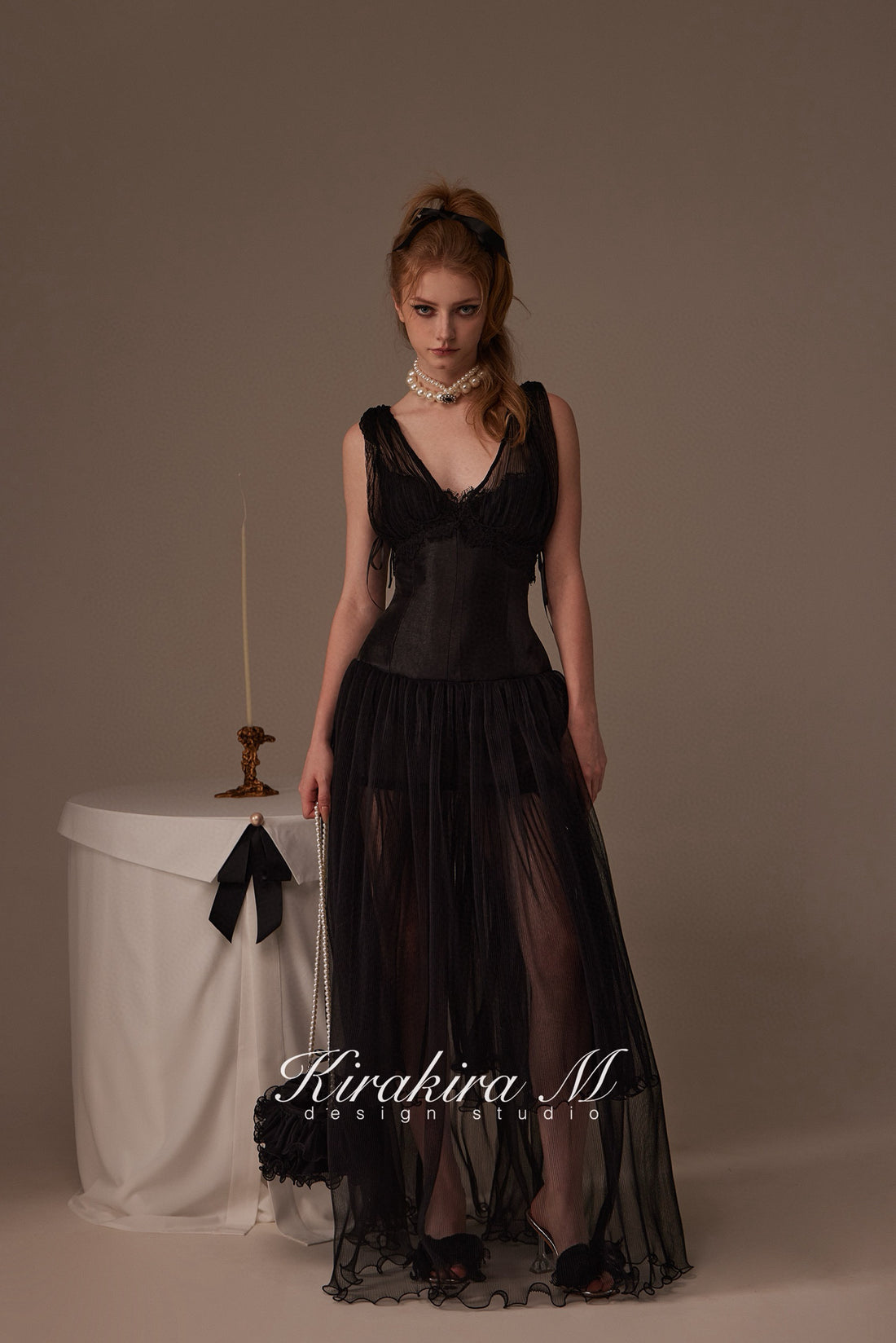 Kirakira.M Black deep v collar long dress