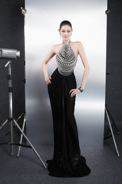 Bandage Dress Diamond chain hanging neck maxi dress