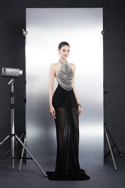 Bandage Dress Diamond chain hanging neck maxi dress