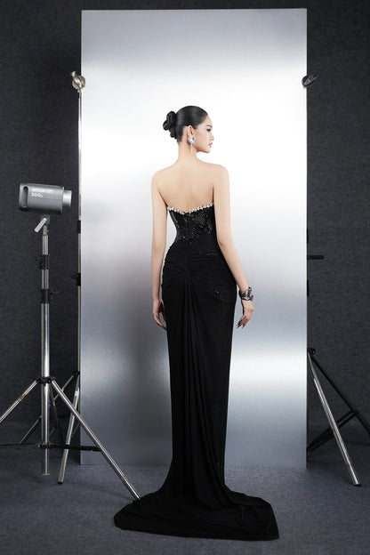 Bandage Dress Black V-neck rhinestone maxi dress